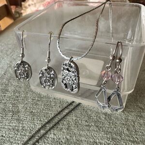 Bundle of art nouveau style earrings and necklace in silver tone